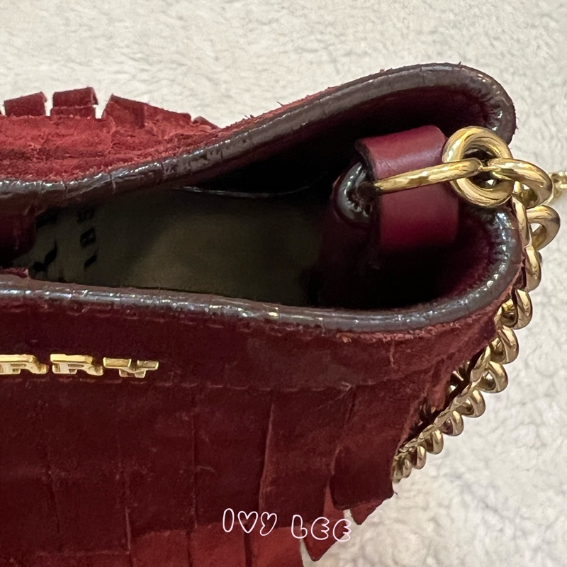 BURBERRY 紅麂皮水桶包 流蘇線條造型 金鍊條 斜背包 肩背包 正品 二手精品-18