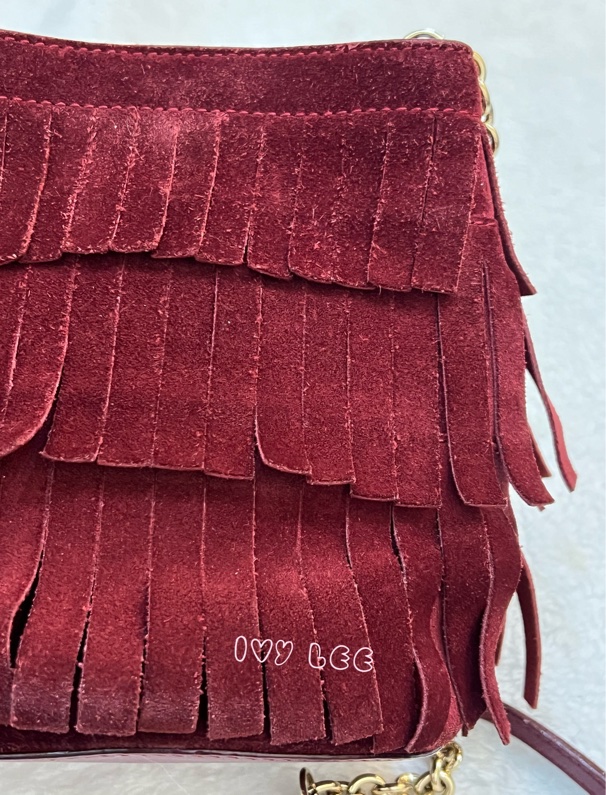 BURBERRY 紅麂皮水桶包 流蘇線條造型 金鍊條 斜背包 肩背包 正品 二手精品-22