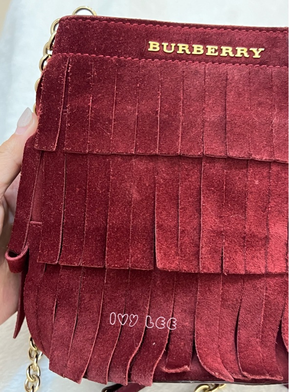 BURBERRY 紅麂皮水桶包 流蘇線條造型 金鍊條 斜背包 肩背包 正品 二手精品-23