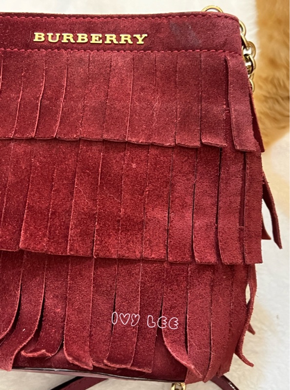 BURBERRY 紅麂皮水桶包 流蘇線條造型 金鍊條 斜背包 肩背包 正品 二手精品-24