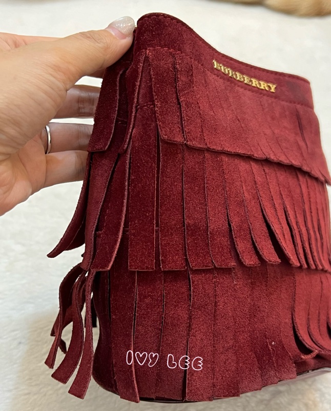 BURBERRY 紅麂皮水桶包 流蘇線條造型 金鍊條 斜背包 肩背包 正品 二手精品-25