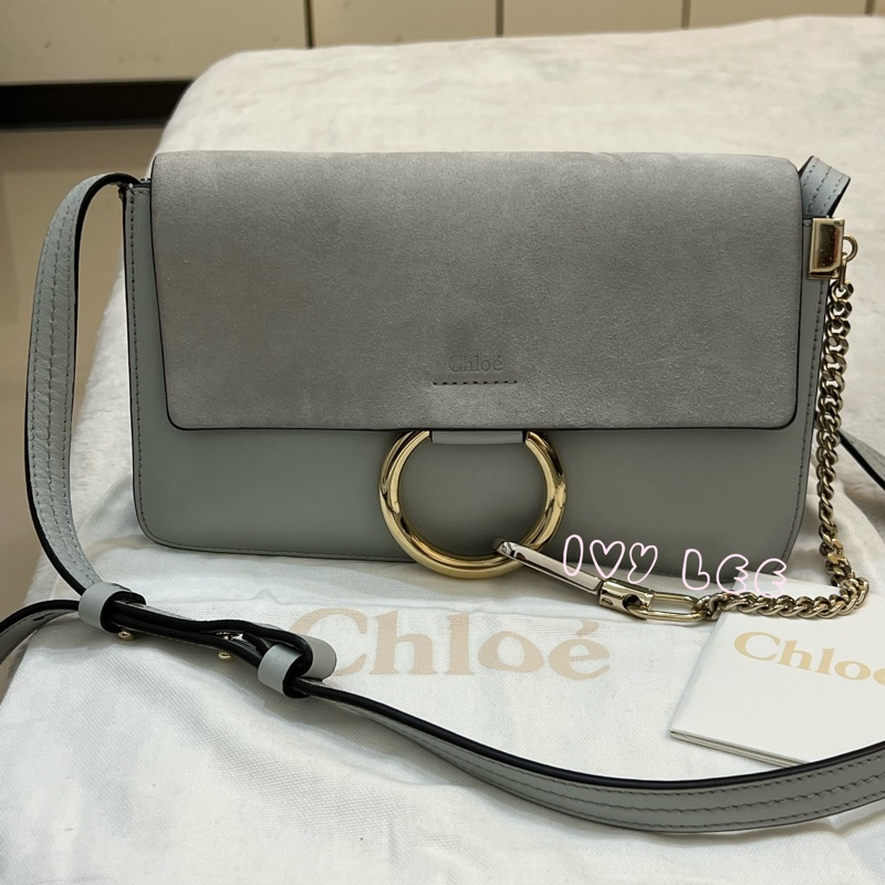 Chloé Faye 光滑小牛皮 絨面革麂皮拼接 淺灰 斜背包 肩背包 正品 二手精品-0