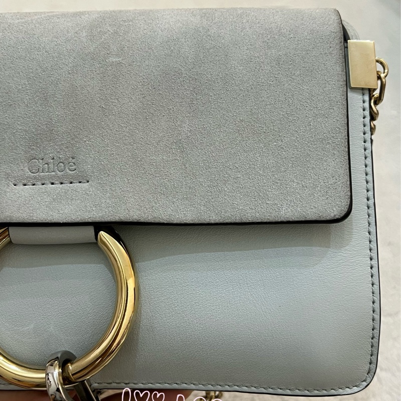 Chloé Faye 光滑小牛皮 絨面革麂皮拼接 淺灰 斜背包 肩背包 正品 二手精品-36