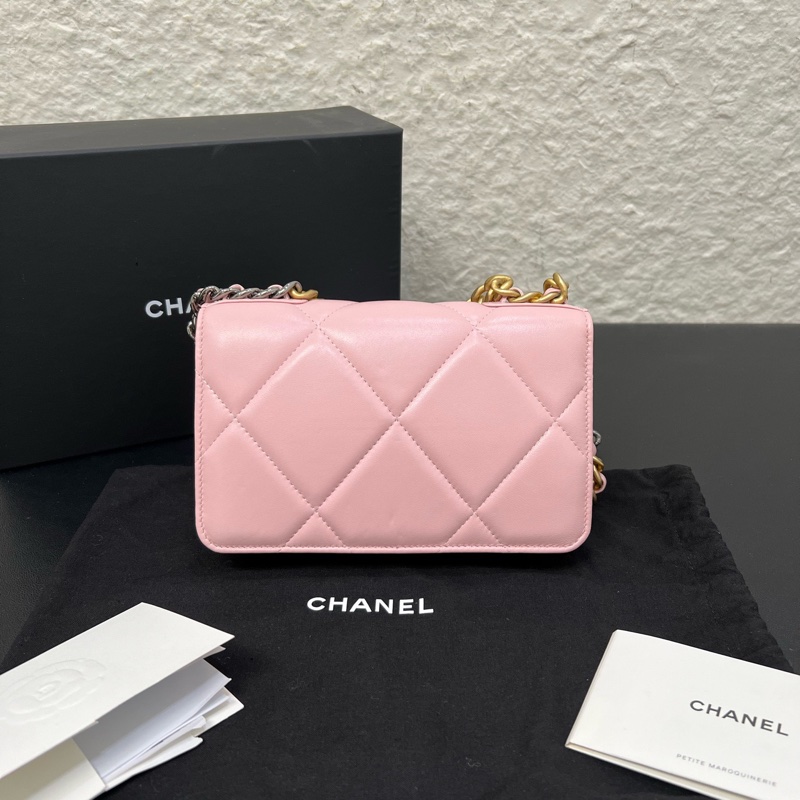 98新Chanel香奈兒19bag woc粉色菱格紋羊皮鏈條包-1