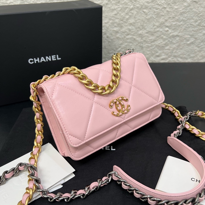 98新Chanel香奈兒19bag woc粉色菱格紋羊皮鏈條包-2