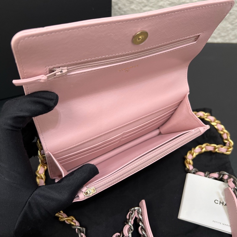 98新Chanel香奈兒19bag woc粉色菱格紋羊皮鏈條包-5