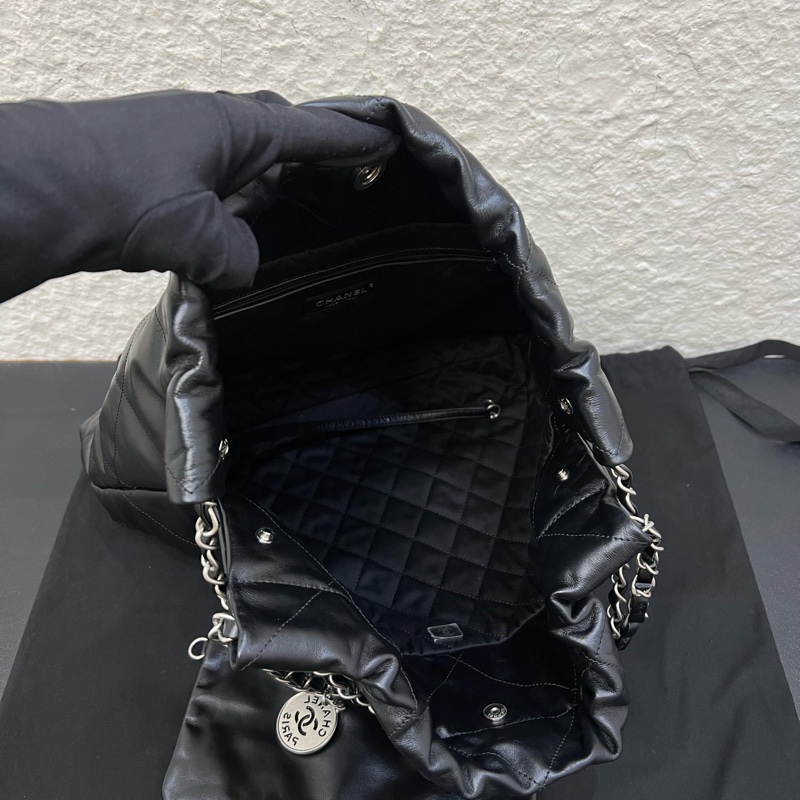 99新Chanel香奈兒黑色小牛皮銀扣22bag 中號鏈條包-6