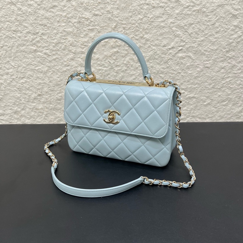 Chanel香奈兒22B 菱格紋Trendy CC小號淺藍色羊皮金扣鏈條包-7