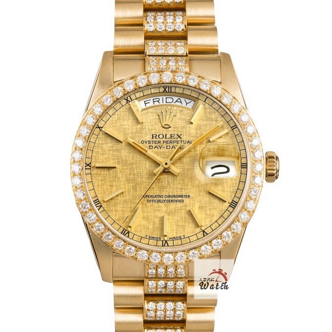 【大眾名錶】ROLEX勞力士18238 Day-Date 蠔式18K 精鑲鑽圈 精鑲鑽帶 金布紋T柱面 大眾名錶G305-0