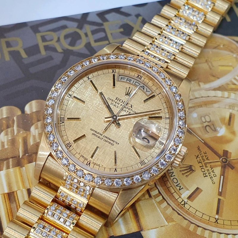 【大眾名錶】ROLEX勞力士18238 Day-Date 蠔式18K 精鑲鑽圈 精鑲鑽帶 金布紋T柱面 大眾名錶G305-4