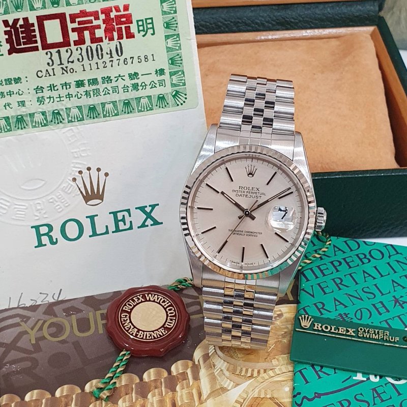 【大眾名錶】ROLEX勞力士 16234 Datejust 蠔式日誌 台灣保單 銀色T柱面盤 底蓋原廠貼紙 錶徑36mm B1346-3