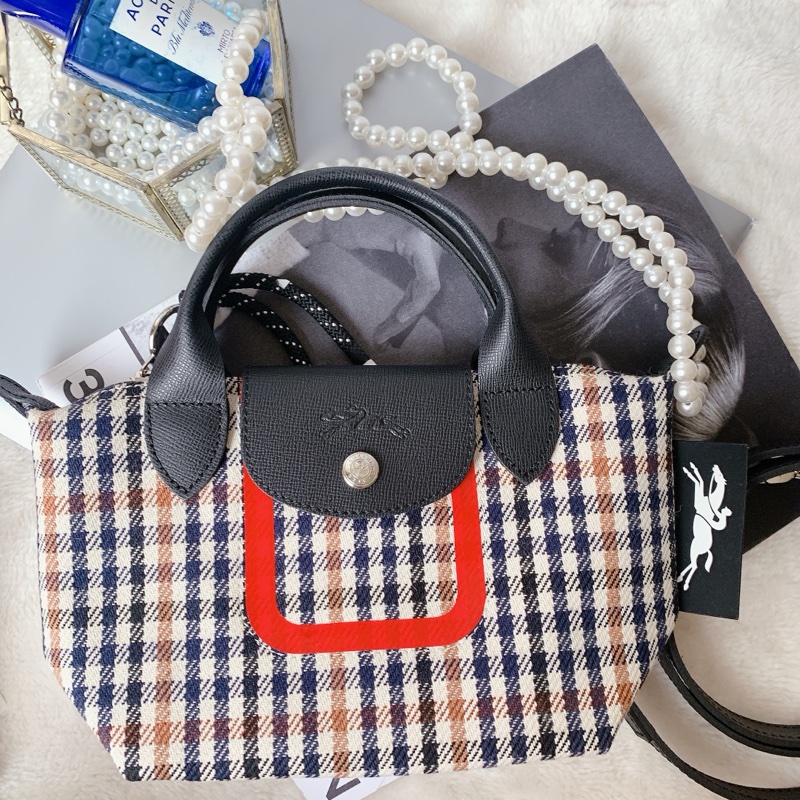 Longchamp XS 毛呢格紋手提側背包-0