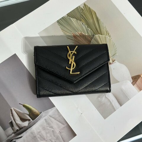 YSL 經典V紋粒面牛皮信封卡包 - 黑金
