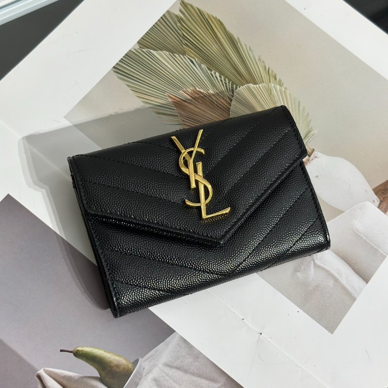 YSL 經典V紋粒面牛皮信封卡包 - 黑金-1