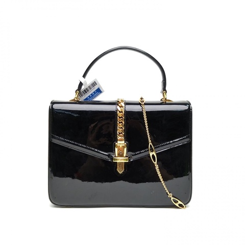 GUCCI 黑色漆皮金扣Sylvie鏈條盒子手提鏈條包