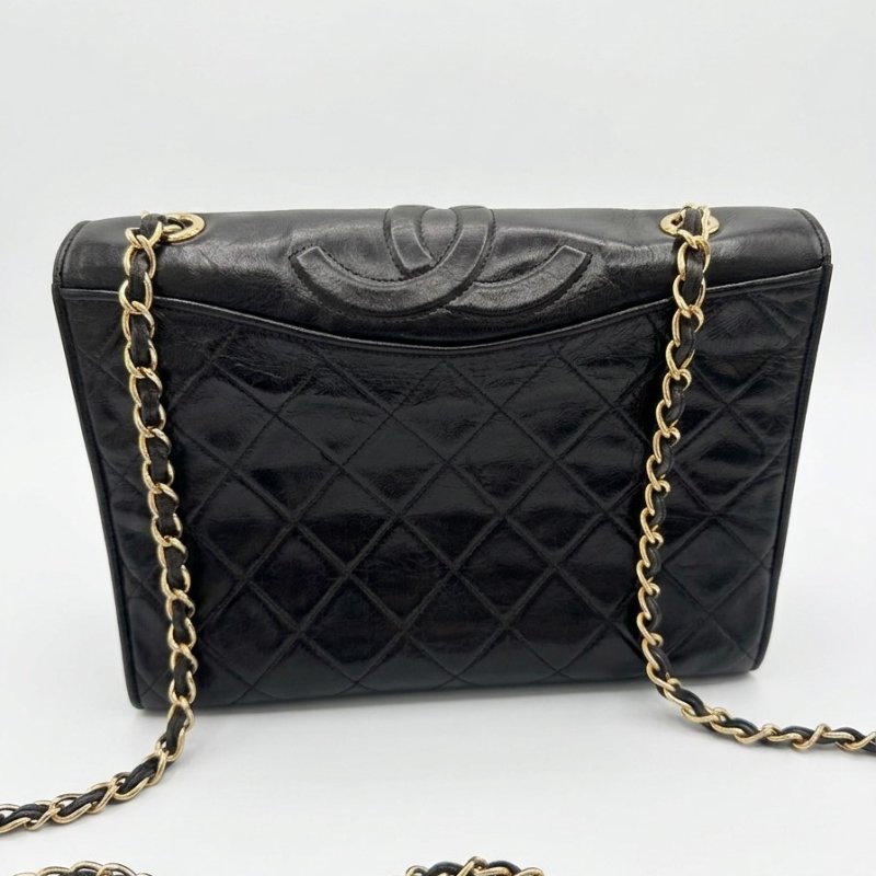 CHANEL Vintage 黑羊皮金扣鍊包-0