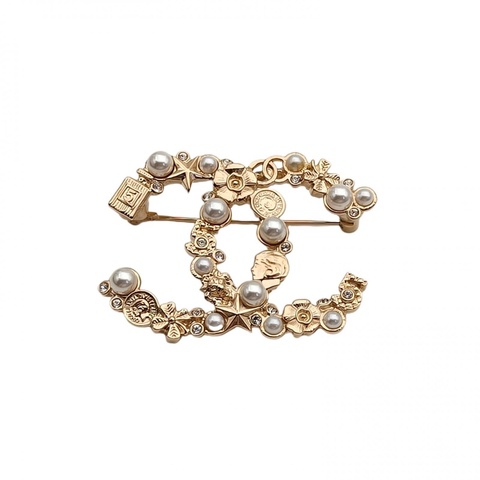 CHANEL 雙C星星山茶花香水珍珠LOGO胸針合金22V胸針
