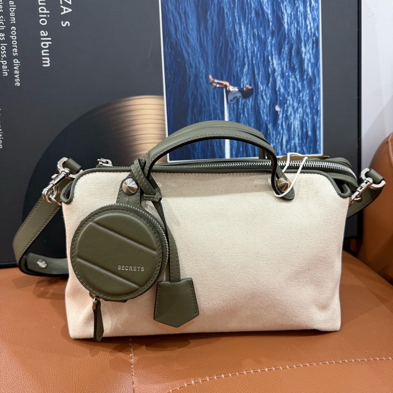 Fendi 芬迪 米白帆布配綠皮 手提包+斜挎-0