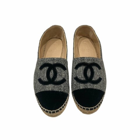 CHANEL 香奈兒 ESPADRILLES 混色黑色天鵝絨飾邊草編鞋 SIZE 35