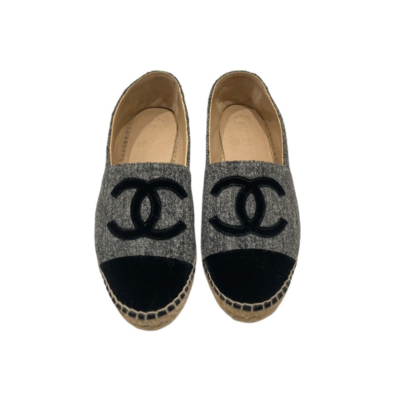 CHANEL 香奈兒 ESPADRILLES 混色黑色天鵝絨飾邊草編鞋 SIZE 35-0