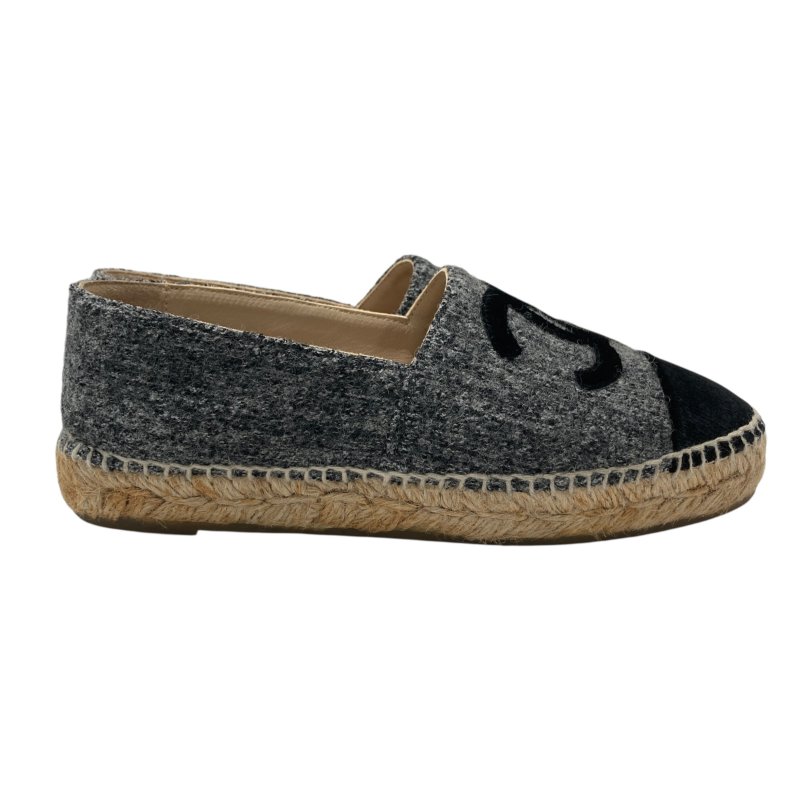 CHANEL 香奈兒 ESPADRILLES 混色黑色天鵝絨飾邊草編鞋 SIZE 35-1