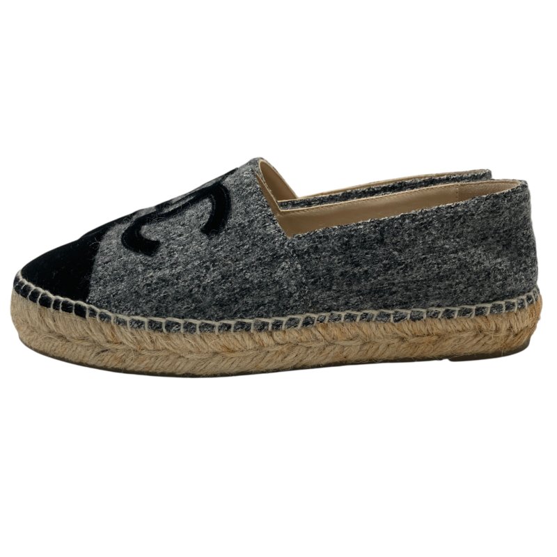 CHANEL 香奈兒 ESPADRILLES 混色黑色天鵝絨飾邊草編鞋 SIZE 35-2