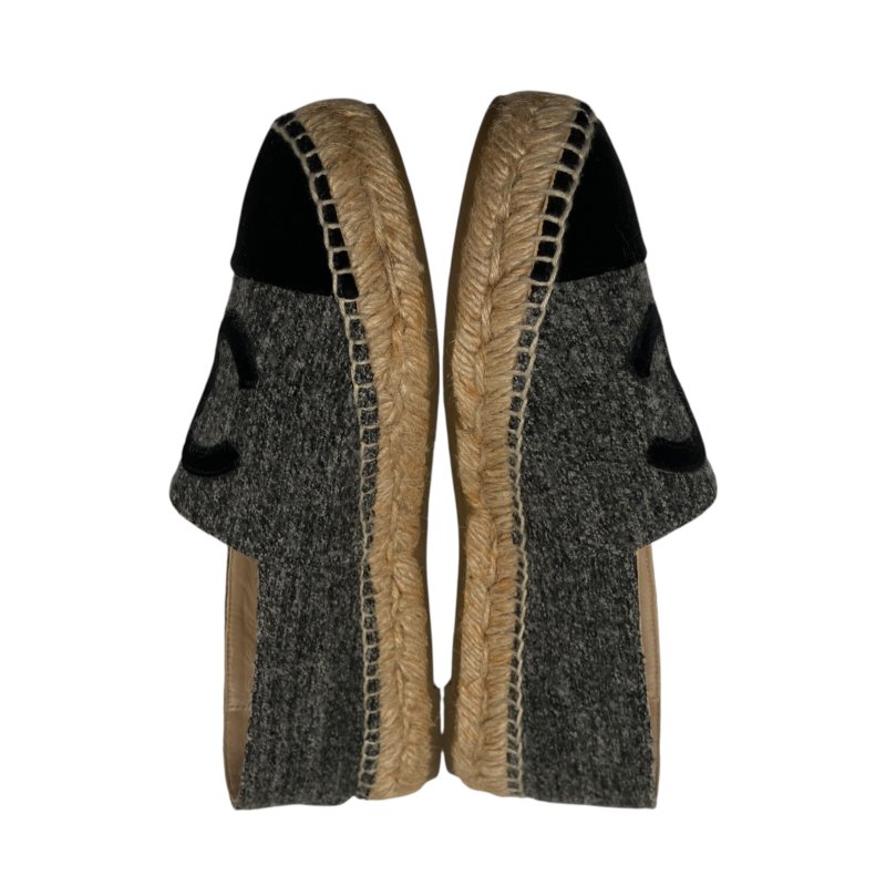 CHANEL 香奈兒 ESPADRILLES 混色黑色天鵝絨飾邊草編鞋 SIZE 35-4
