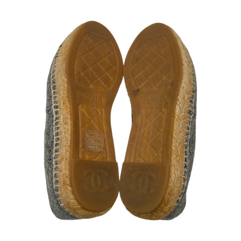 CHANEL 香奈兒 ESPADRILLES 混色黑色天鵝絨飾邊草編鞋 SIZE 35-5