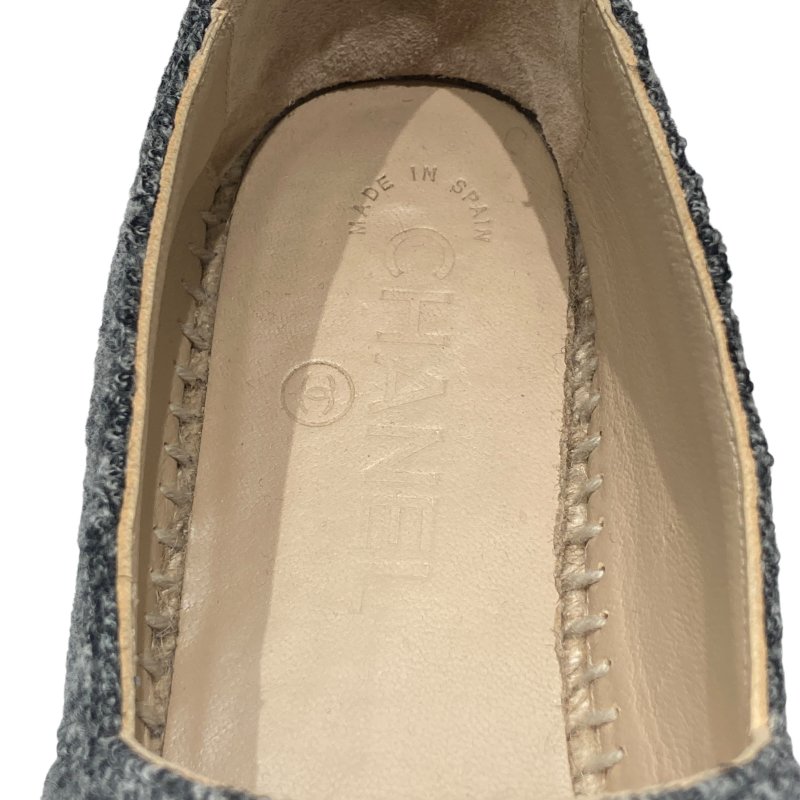 CHANEL 香奈兒 ESPADRILLES 混色黑色天鵝絨飾邊草編鞋 SIZE 35-7