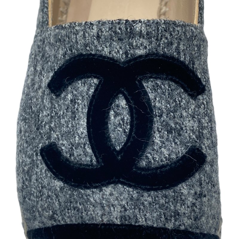 CHANEL 香奈兒 ESPADRILLES 混色黑色天鵝絨飾邊草編鞋 SIZE 35-9