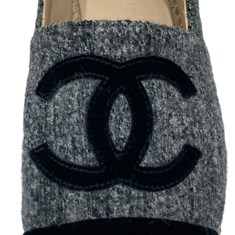 CHANEL 香奈兒 ESPADRILLES 混色黑色天鵝絨飾邊草編鞋 SIZE 35-10