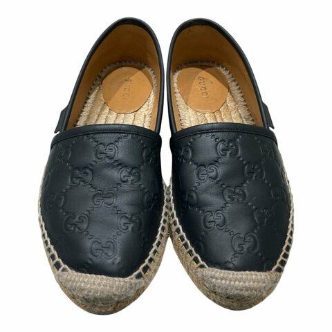 GUCCI 古馳 454703 SIGNATURE SHOES 黑色皮革草編漁夫鞋 SIZE 35 1/2