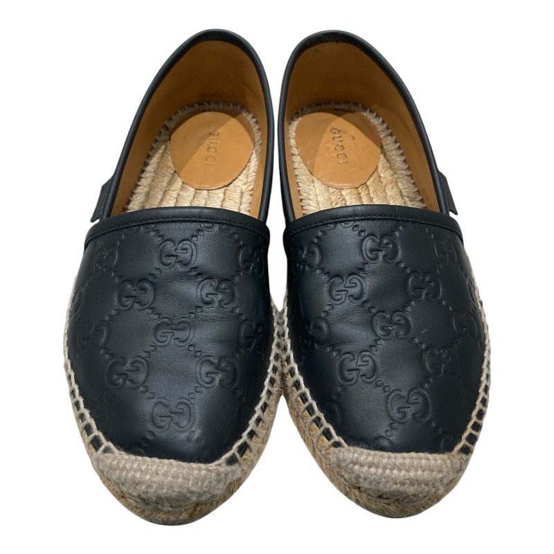 GUCCI 古馳 454703 SIGNATURE SHOES 黑色皮革草編漁夫鞋 SIZE 35 1/2-0