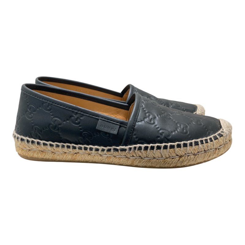 GUCCI 古馳 454703 SIGNATURE SHOES 黑色皮革草編漁夫鞋 SIZE 35 1/2-1