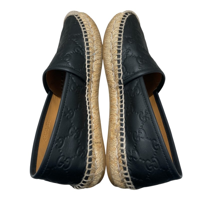 GUCCI 古馳 454703 SIGNATURE SHOES 黑色皮革草編漁夫鞋 SIZE 35 1/2-7