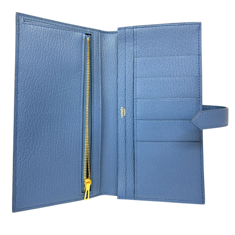 扎染藍 Chevre 皮革 Bearn Soufflet 兩折長夾 X刻【HERMES 愛馬仕】 H039078CC-2