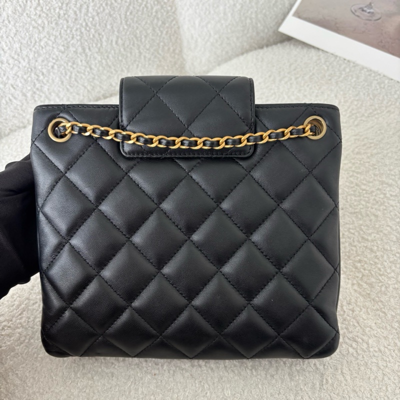 99✨Chanel香奈兒 24C大logo竪版托特包單肩包 黑金羊皮23年❤️正品-2