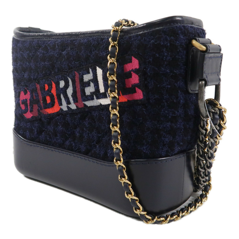 CHANEL 牛皮皮革/Tweed Navy Tweed Gabrielle Small鏈帶肩背袋-2