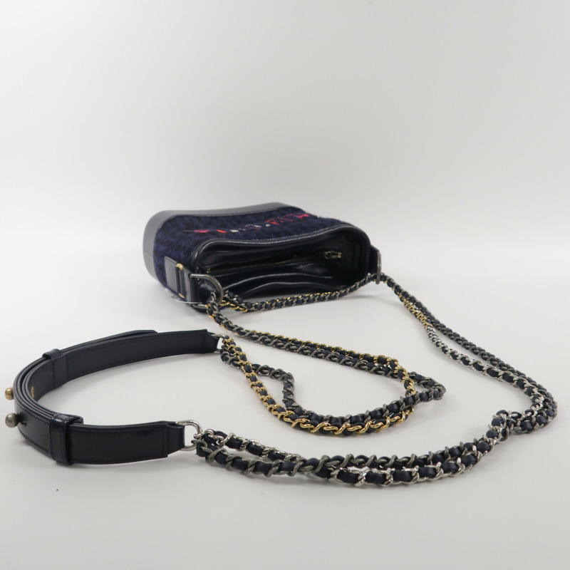 CHANEL 牛皮皮革/Tweed Navy Tweed Gabrielle Small鏈帶肩背袋-8