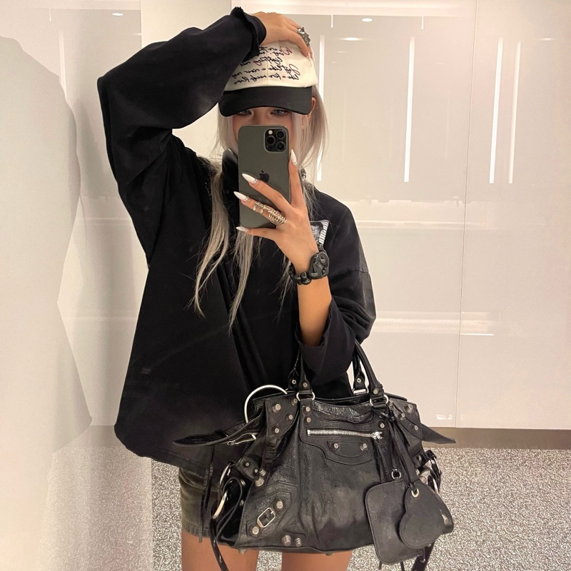 99新🆕Balenciaga巴黎世家neo cagole黑銀玉米釘扣大號機車包手提包斜挎包 ❤️正品-6