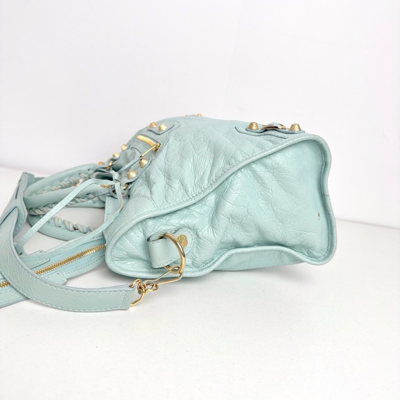 ✨99新Balenciaga/巴黎世家 薄荷綠金扣油蠟皮中號機車包手提包斜挎包 💚正品-2