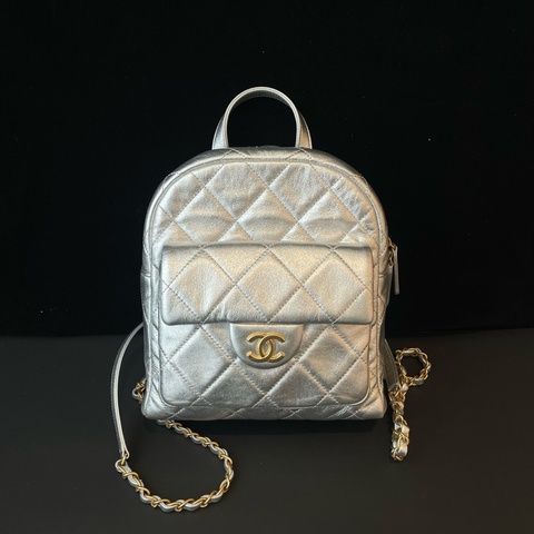 🆕 Chanel/香奈兒 25K新款太空銀色牛皮金扣雙肩包 芯片款✅正品
