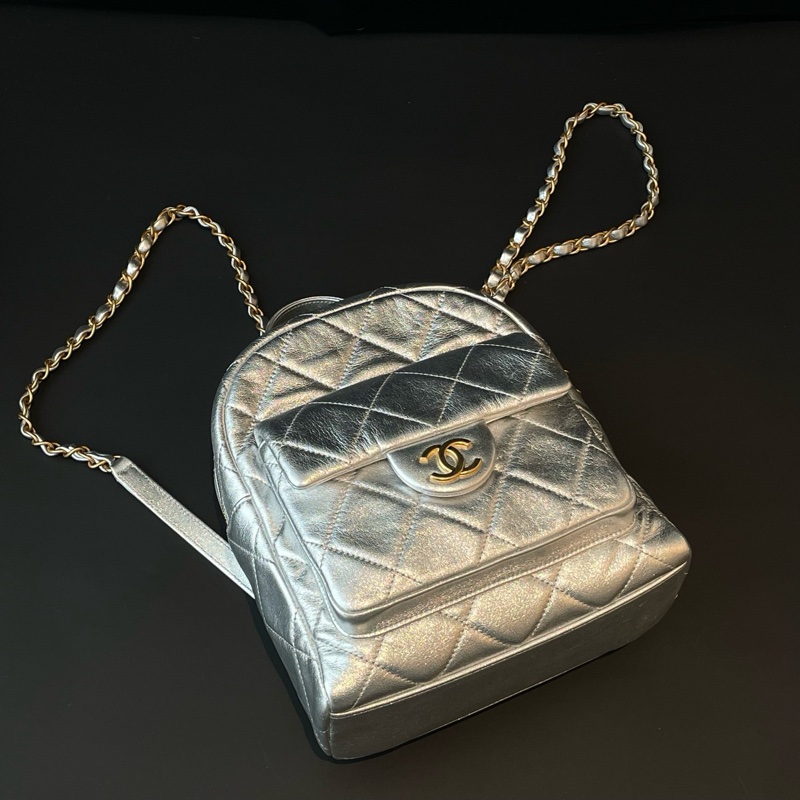 🆕 Chanel/香奈兒 25K新款太空銀色牛皮金扣雙肩包 芯片款✅正品-1