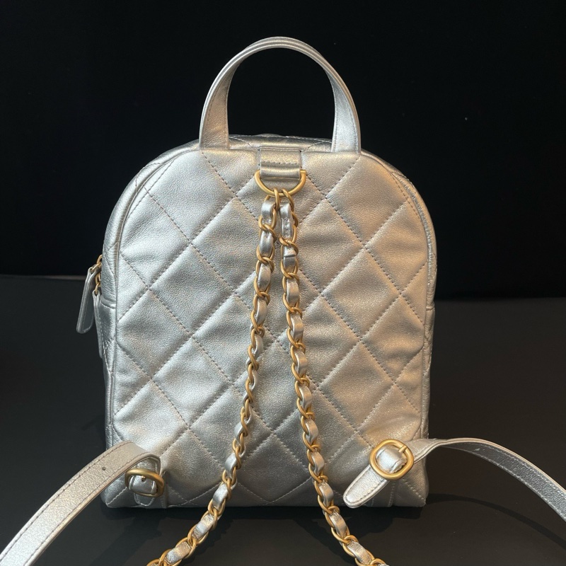 🆕 Chanel/香奈兒 25K新款太空銀色牛皮金扣雙肩包 芯片款✅正品-3