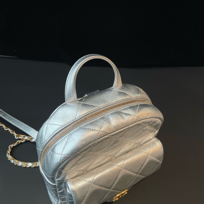 🆕 Chanel/香奈兒 25K新款太空銀色牛皮金扣雙肩包 芯片款✅正品-6