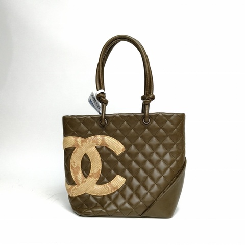CHANEL 中古康鵬菜籃子綠色牛皮9開銀扣橄欖綠拼蛇皮肩背包