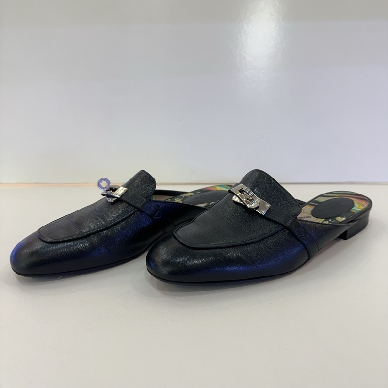 Hermes/愛馬仕黑色銀扣Kelly半拖鞋,成色95新,尺寸39碼-1