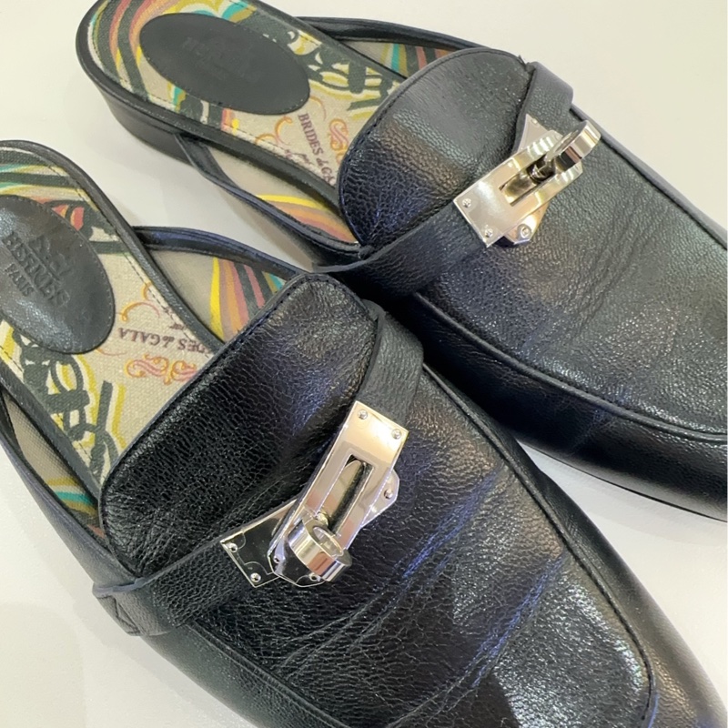 Hermes/愛馬仕黑色銀扣Kelly半拖鞋,成色95新,尺寸39碼-5