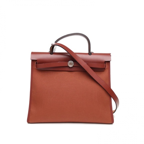 HERMES Herbag31愛馬仕紅帆布/牛皮Y刻銀扣肩背包