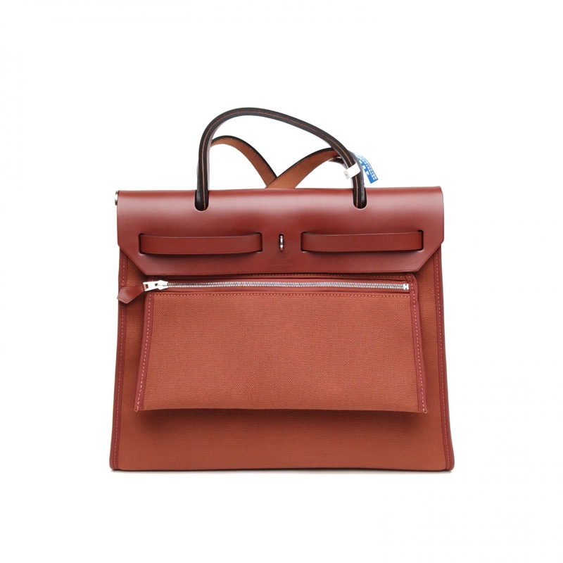 HERMES Herbag31愛馬仕紅帆布/牛皮Y刻銀扣肩背包-2